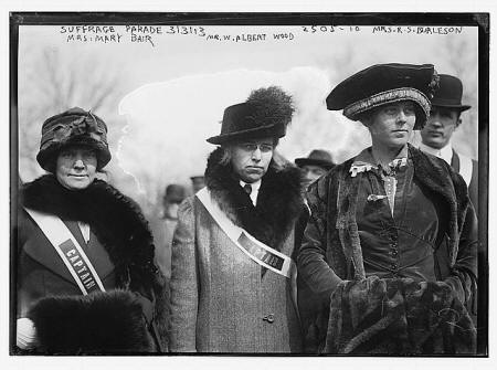     Suffrage parade - Mrs. Mary Bair, Mr[s]. W. Albert Wood, and Mrs. R.S. [i.e., Richard Coke] Burleson