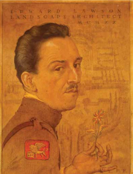 Portrait of Edward G. Lawson by Frank P. Fairbanks, 1920. Lawson is shown in his American Red Cross uniform; the Venetian winged lion was the insignia of its Italian mission.
