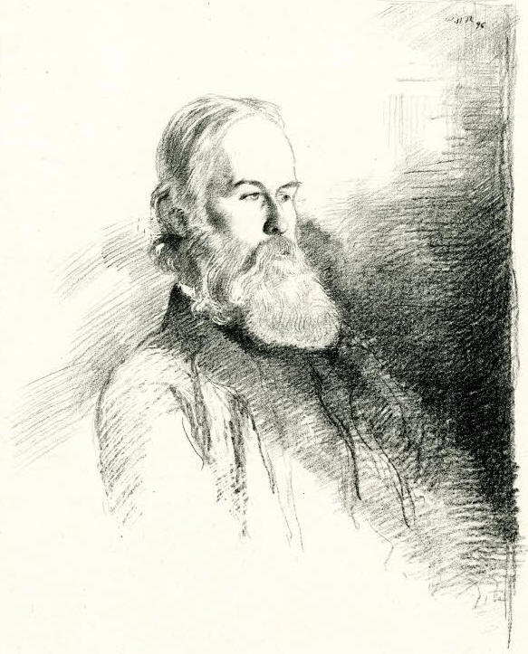 Portrait, head and shoulders, directed and looking to right, wearing a coat; his face illuminated by shaft of light from window in background at upper right.  1896  Lithograph