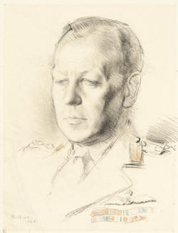 Pencil portrait of a balding middle-aged man in military uniform, with two rows of medal ribbons.