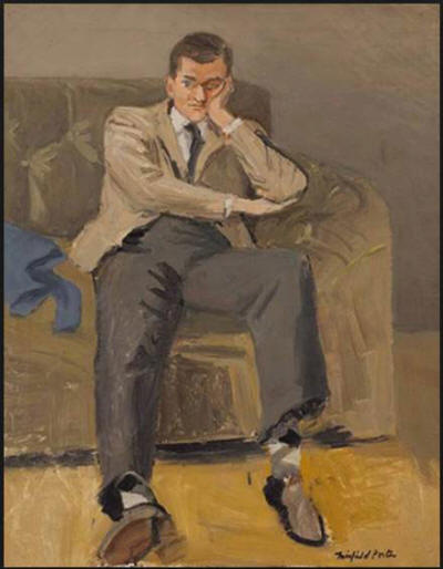 Painted portrait of John Ashbery in tan suit and slouching in chair