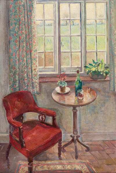 <b>16. RENDELL Dorothy (1923 - 2018)</b> Camille Cottage interior (Castle Hedingham) with red chair. Oil on canvas. c.1970. Signed. Provenance: Artist's Estate (stamped verso). <b>£775.</b><a href="https://www.abbottandholder-thelist.co.uk/wp-content/uploads/2019/03/Rendell-K07569.jpg">Framed Photo</a><p style="color:#FF0000;">●</p>