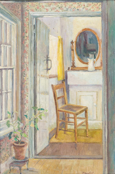 <b>10. RENDELL Dorothy (1923 - 2018)</b> Camille Cottage Interior (Castle Hedingham) with bathroom mirror. Oil on canvas. c.1970. Signed. Provenance: Artist's Estate (stamped verso).  17.5x11 inches. Framed: 24x18.5 inches. <b>£775.</b><a href="https://www.abbottandholder-thelist.co.uk/wp-content/uploads/2019/03/Rendell-K07570.jpg">Framed Photo</a><p style="color:#FF0000;">●</p>