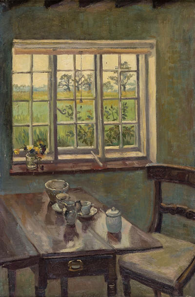 <b>13. RENDELL Dorothy (1923 - 2018)</b> Camille Cottage interior (Castle Hedingham) with table-top still life. Oil on canvas. c.1970. Signed. Provenance: Artist's Estate (stamped verso). 23x15 inches. Framed: 28x20 inches. <b>£775.</b><a href="https://www.abbottandholder-thelist.co.uk/wp-content/uploads/2019/03/Rendell-K07572.jpg">Framed Photo</a><p style="color:#FF0000;">●</p>