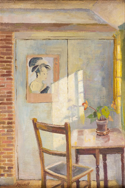 <b>1. RENDELL Dorothy (1923 - 2018)</b> Camille Cottage Interior (Castle Hedingham) with Japanese print. Oil on canvas. c.1970. Provenance: Artist's Estate (stamped verso). 17x11.5 inches. Framed: 20x15 inches. <b>£775.</b><a href="https://www.abbottandholder-thelist.co.uk/wp-content/uploads/2019/03/Rendell-K07574.jpg">Framed Photo</a><p style="color:#FF0000;">●</p>